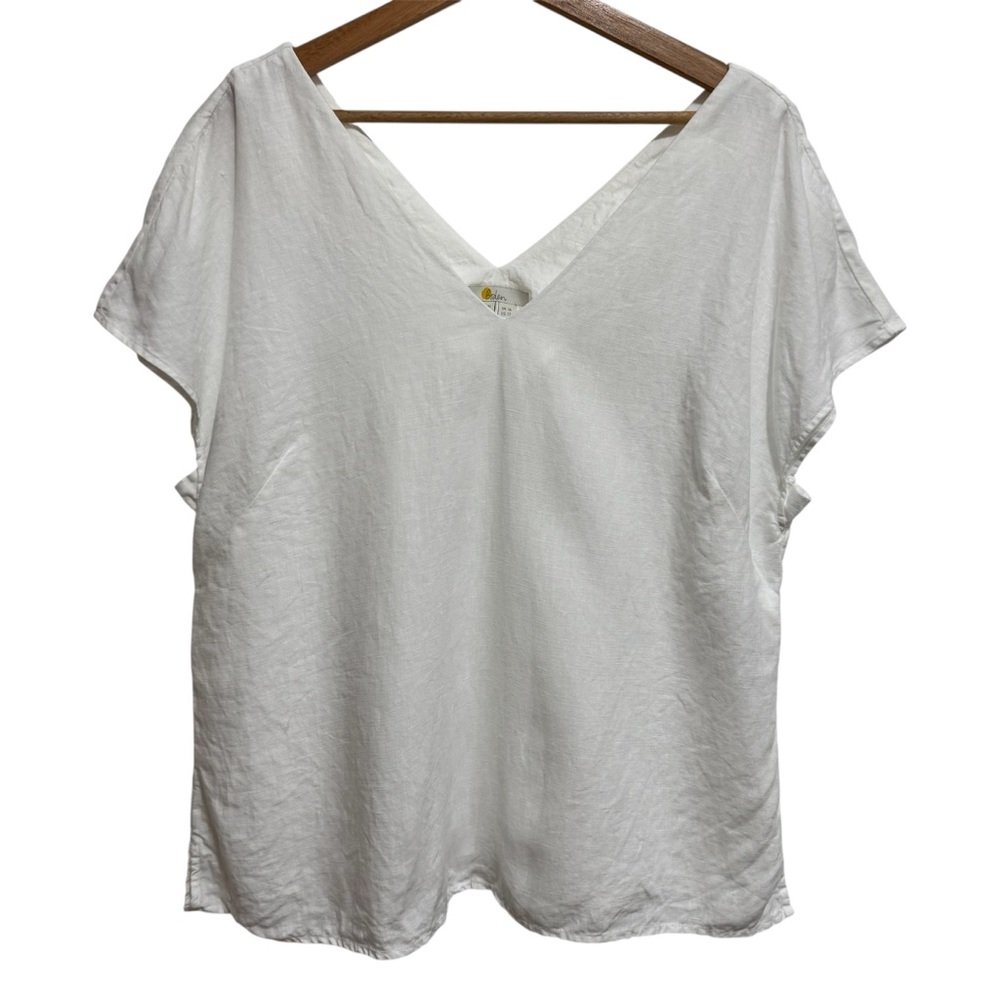 Boden 100% Linen V-Neck V-Back Blouse Top Women Size 12 White Short Sleeve Relax
